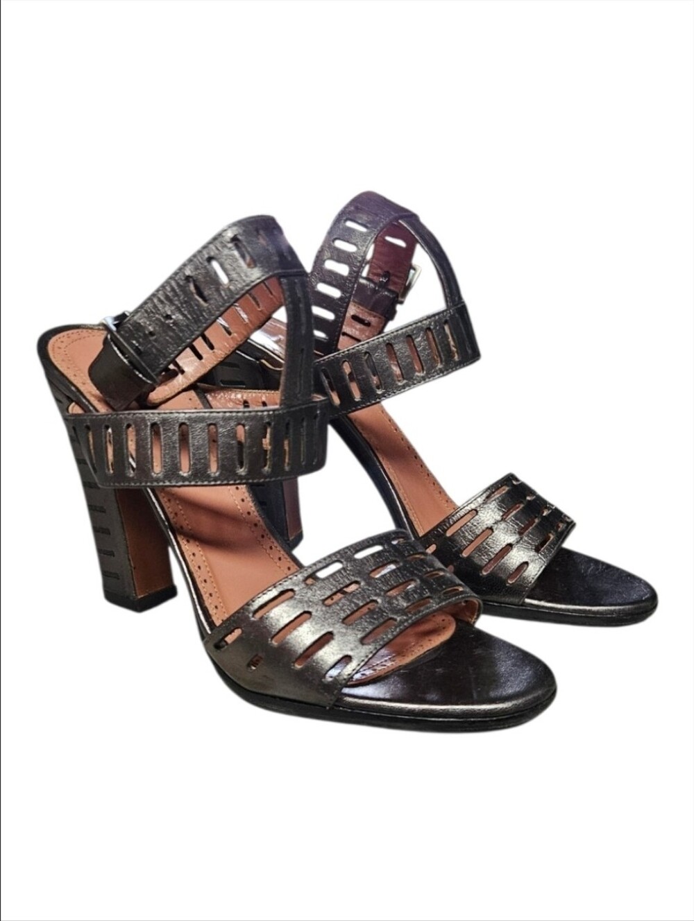 ALAÏA | Gunmetal Metallic Leather Perforated Cutout Ankle Strap Sandals EU 36